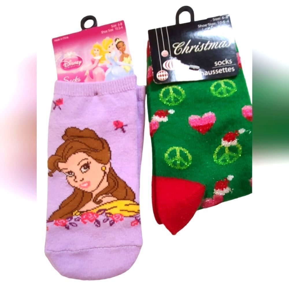 Disney Girls Socks Frozen Hearts Peace Signs Shoe Size 10 - 4 NWT‎